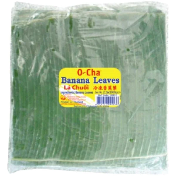 A package of O Cha Banana Leaves 1kg, showcasing the individually frozen banana leaves ready for cooking traditional Filipino dishes.