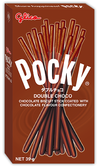A package of Pocky Double Chocolate, showcasing the snack sticks coated in smooth milk chocolate and drizzled with rich dark chocolate.