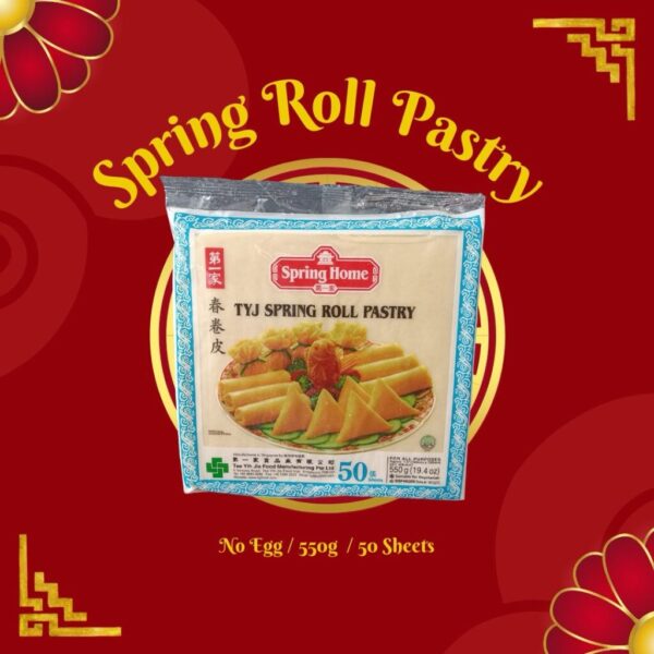 A pack of Spring Home TYJ Spring Roll Pastry 50 sheets 550g, showcasing thin and pliable pastry sheets ideal for crispy creations.