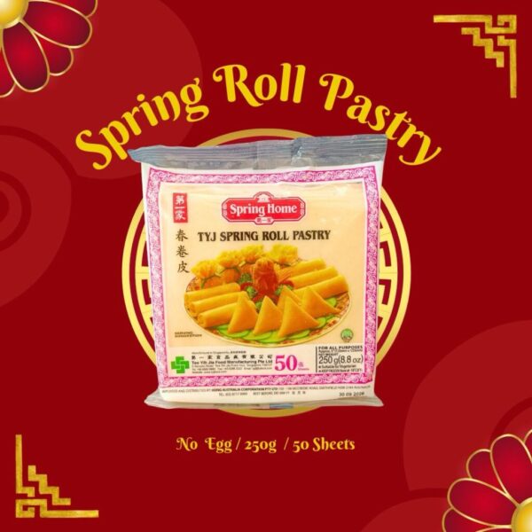 A pack of Spring Home TYJ Spring Roll Pastry 50 sheets 250g, showcasing thin and pliable pastry sheets ideal for crispy creations.