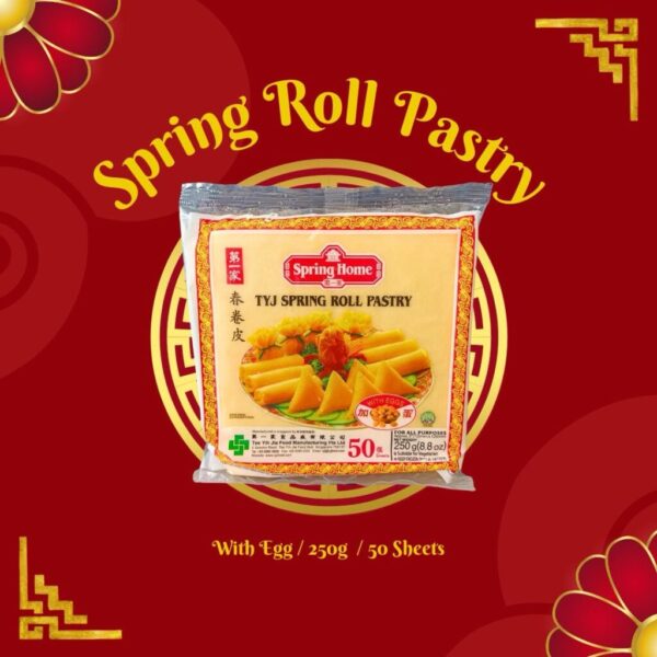 A pack of Spring Home TYJ 50'sheets 250g w/ Egg, showcasing thin and pliable spring roll sheets pre-mixed with egg