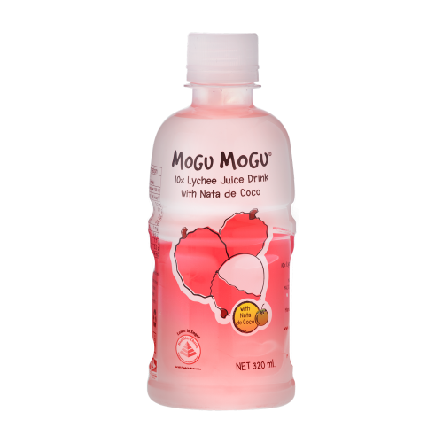 A bottle of Mogu Mogu Lychee Drink 320ml, showcasing the refreshing drink with nata de coco bits
