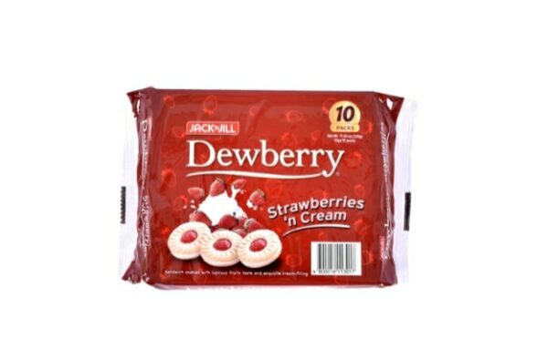 A pack of Jack n Jill Dewberry Strawberry 20x33g, featuring crunchy biscuits filled with luscious strawberry goodness.