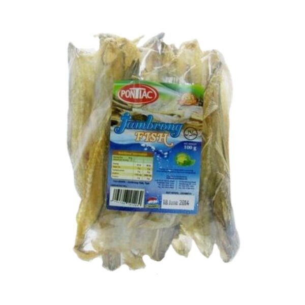 A package of Pontiac Jambrong Salted Fish 100g, showing the salted fish inside.