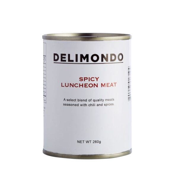 A can of Delimondo Spicy Luncheon Meat 260g, packed with bold flavors and premium-quality meat