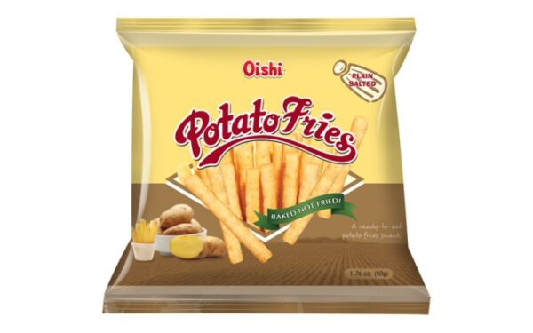 A pack of Oishi Potato Fries Orig 50g, showcasing crispy potato fries seasoned with original flavoring.